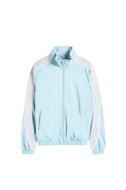 Rebel Minds light blue crinkled nylon windbreaker with white contrast stripes and a full-zip stand collar.