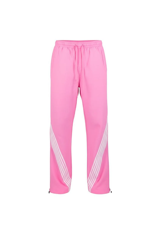 Rebel Minds pink crinkled nylon pants featuring white contrast stripes and an elastic drawstring waist.
