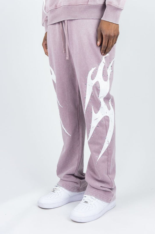 Flame Rhinestone Sweatpants - Dusty Pink