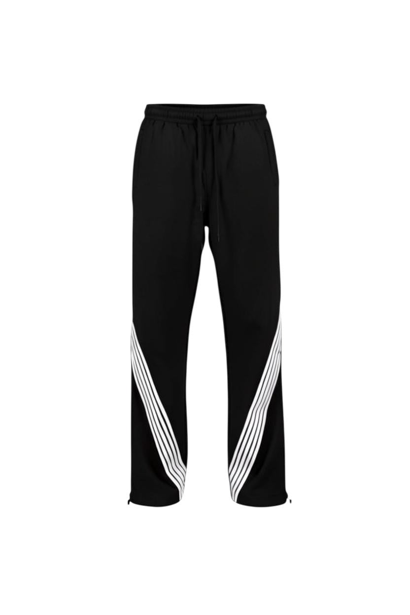 Rebel Minds 405 black crinkled nylon pants featuring white contrast bent stripes and an adjustable drawstring waist.
