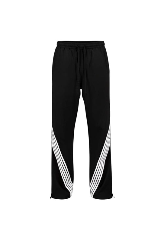 Rebel Minds 405 black crinkled nylon pants featuring white contrast bent stripes and an adjustable drawstring waist.