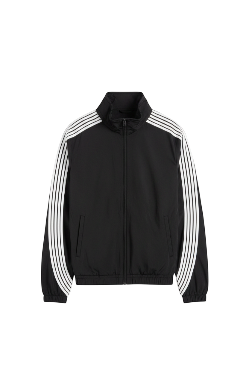 Rebel Minds 505 black crinkled nylon windbreaker with white contrast stripes, full-zip closure, and stand collar.