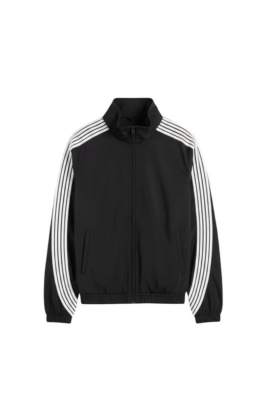 Rebel Minds 505 black crinkled nylon windbreaker with white contrast stripes, full-zip closure, and stand collar.