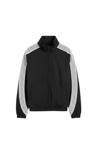 Rebel Minds 505 black crinkled nylon windbreaker with white contrast stripes, full-zip closure, and stand collar.