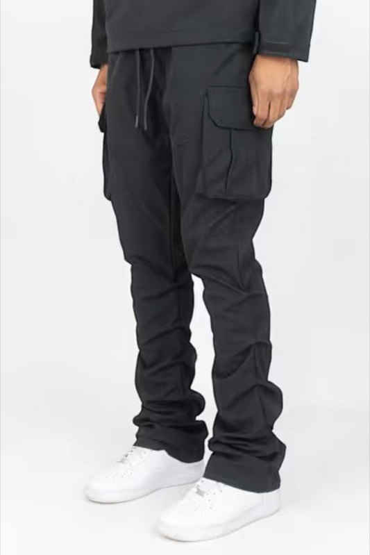 Rebel Minds 422 black polyester cargo pants with side pockets and crinkled leg detail worn with white sneakers