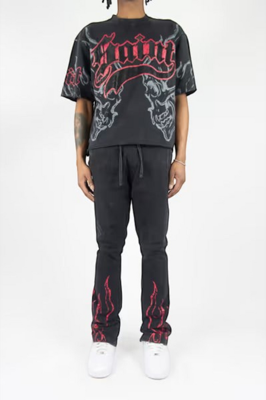 Rebel Minds Saint 88 black cotton terry sweatpants with red rhinestone flame details on the lower legs