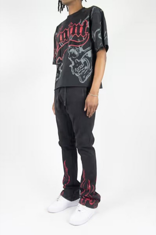 Rebel Minds Saint 88 black cotton terry sweatpants with red rhinestone flame details on the lower legs
