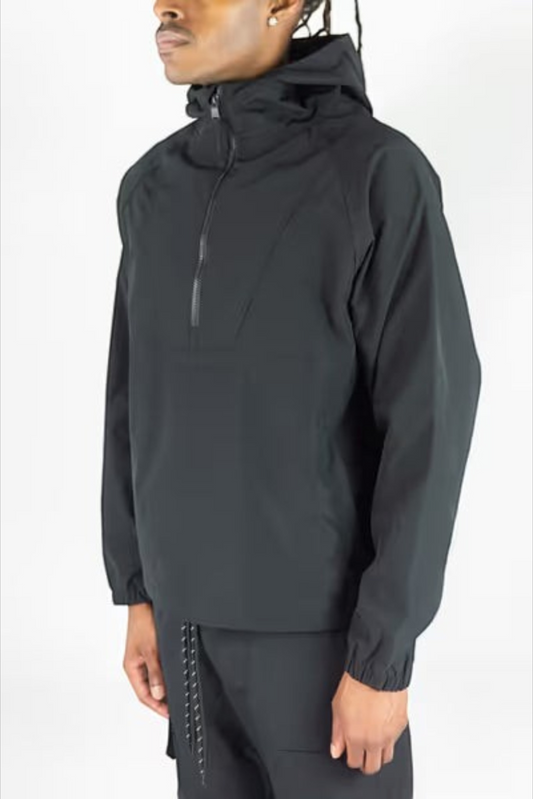 Rebel Minds 502 black ripstop hooded anorak with a half-zip front worn by a model against a white background