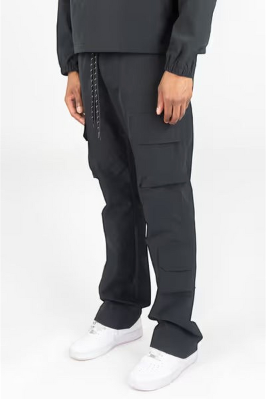 Rebel Minds black midweight ripstop flare-fit pants with cargo pockets and drawstring waist worn by a model