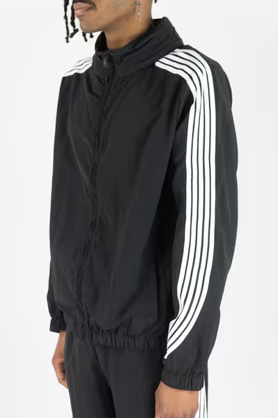 Rebel Minds black crinkled nylon windbreaker with white contrast stripes on sleeves and a stand collar with hidden hood