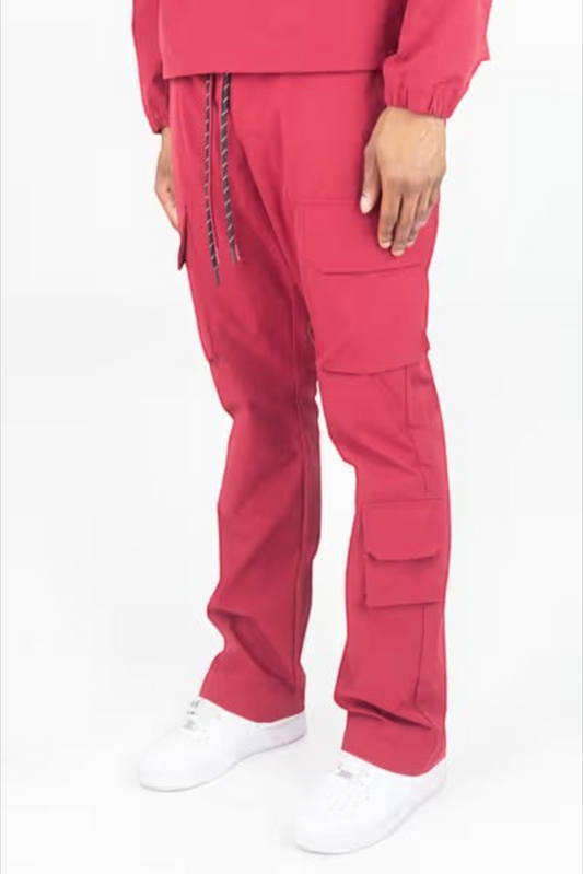 Rebel Minds dark red ripstop flare-fit cargo pants with side pockets worn by a model with white sneakers