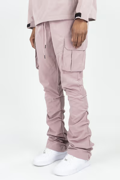 Rebel Minds dusty pink lightweight polyester cargo pants with side pockets and crinkled seam details on a model