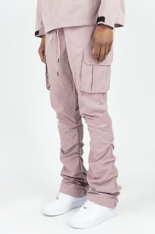 Rebel Minds dusty pink lightweight polyester cargo pants with side pockets and crinkled seam details on a model