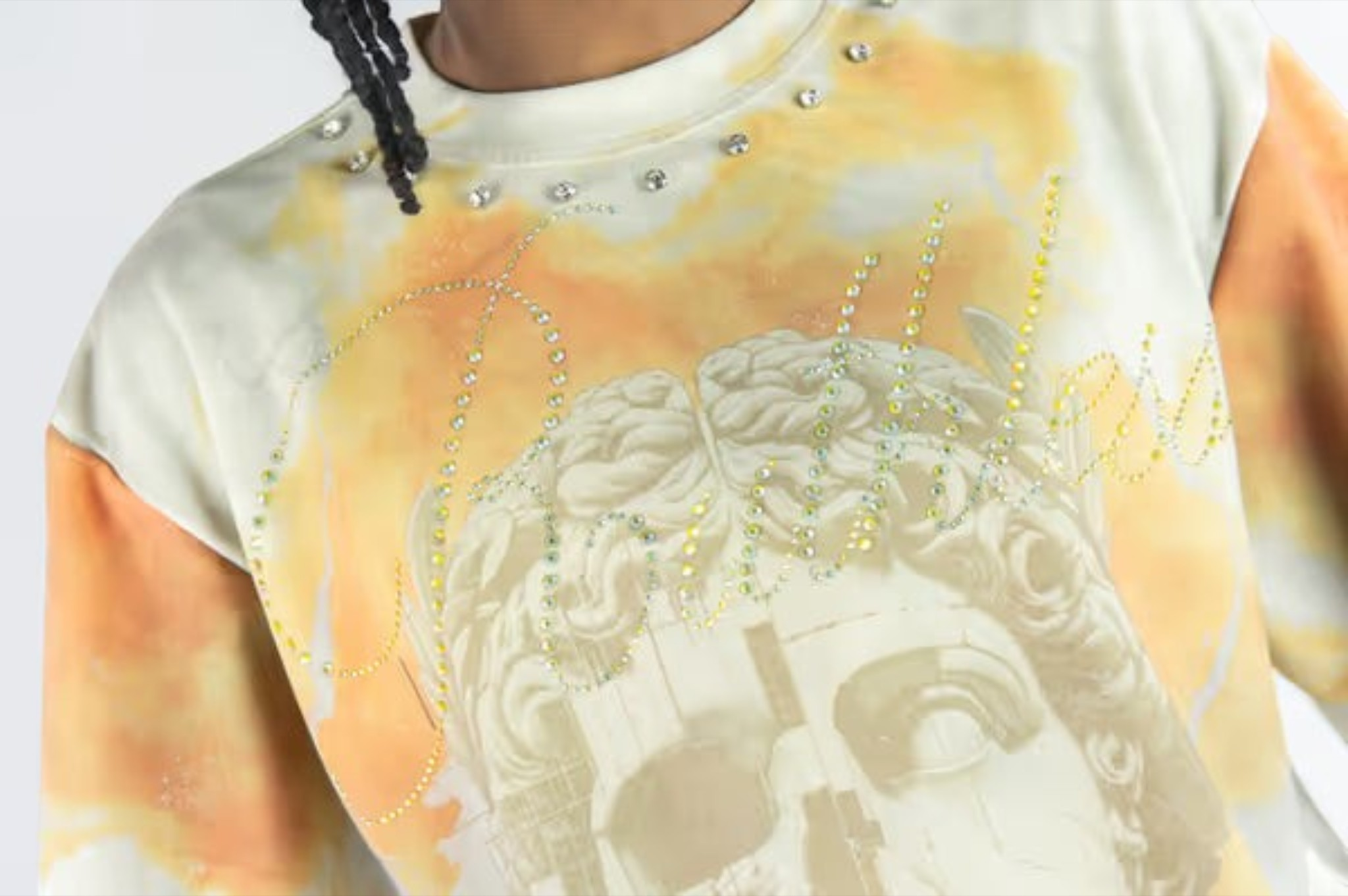 Rebel Minds Greek God t-shirt in orange and cream cotton-poly terry with rhinestone embellishments and digital print