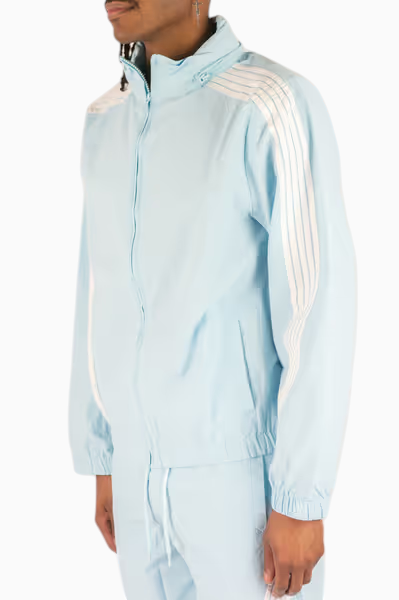 Rebel Minds light blue crinkled nylon windbreaker with white contrast stripes and a stand collar on a male model