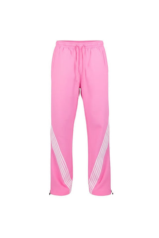 Rebel Minds pink crinkled nylon pants featuring white contrast stripes and an elastic drawstring waist.