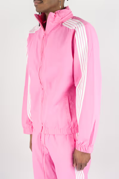 Rebel Minds pink crinkled nylon windbreaker with white contrast stripes, stand collar, and full-zip front.