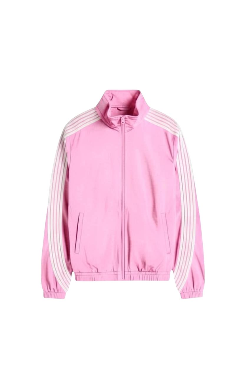 Rebel Minds pink crinkled nylon windbreaker with white contrast stripes, full-zip closure, and stand collar.