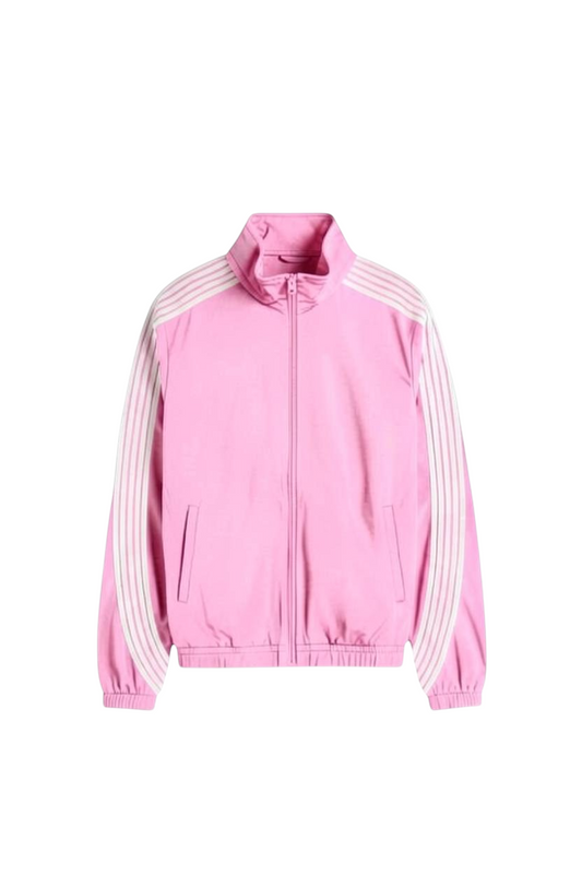 Rebel Minds pink crinkled nylon windbreaker with white contrast stripes, full-zip closure, and stand collar.
