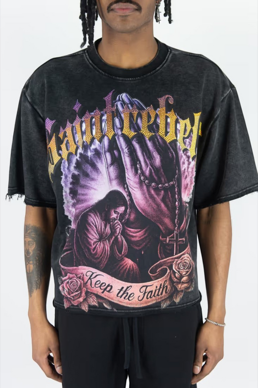 Rebel Minds black cotton-poly terry t-shirt featuring a vibrant digital print of praying hands and religious art.