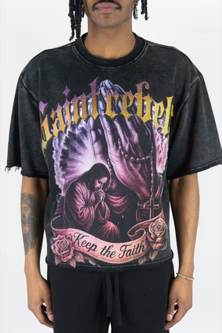 Rebel Minds black cotton-poly terry t-shirt featuring a vibrant digital print of praying hands and religious art.