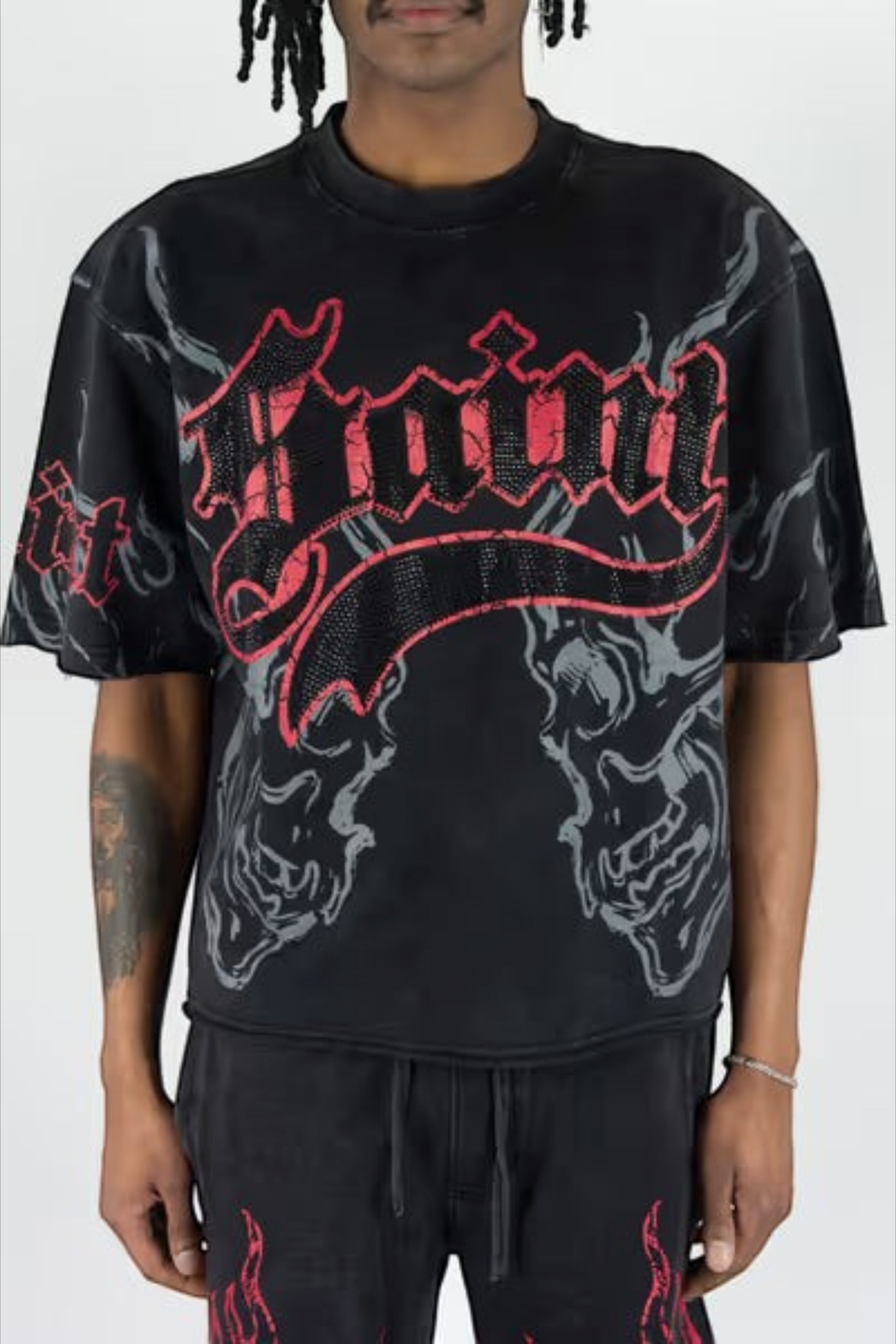 Rebel Minds Saint 88 black cotton jersey t-shirt with red rhinestone gothic lettering and skull graphic print