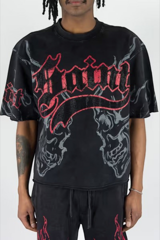 Rebel Minds Saint 88 black cotton jersey t-shirt with red rhinestone gothic lettering and skull graphic print