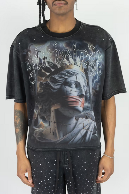 Rebel Minds Silent Goddess black cotton-poly terry t-shirt with digital print and rhinestone embellishments
