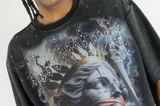 Rebel Minds Silent Goddess black cotton-poly terry t-shirt with digital print and rhinestone embellishments