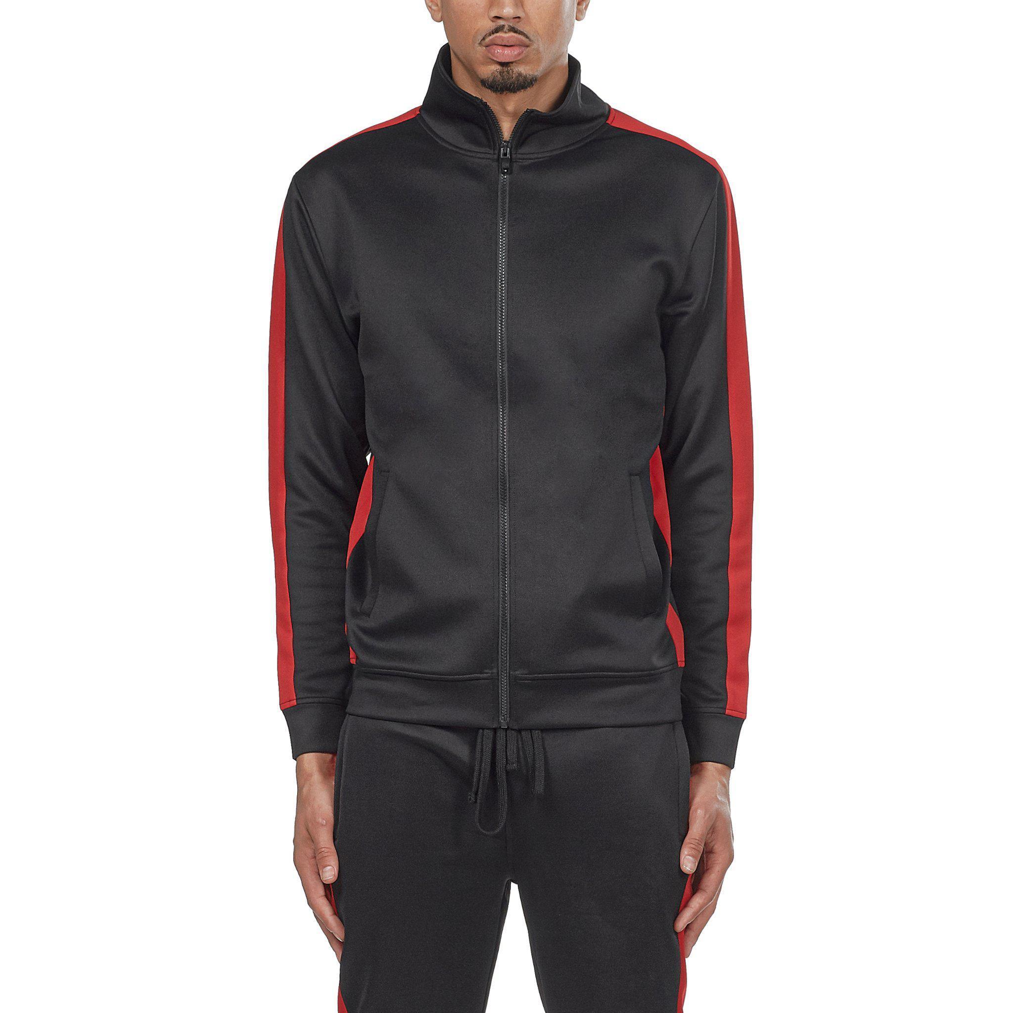 Adidas track jacket on sale black with red stripes